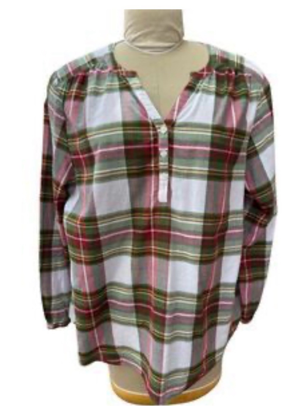 Kim Rogers Pink Green Plaid Split-Neck Tunic Blouse